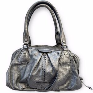 Cole Haan Village Triple Zip Pewter Metallic Satchel Handbag